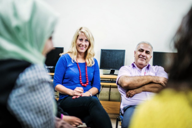 Urdal in charge for a photography workshop at An-najah university in Nablus. Next to her is Dr. Abed Sarhan. Photo : Mustafa Azizi