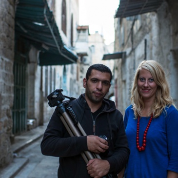 Film maker Mustafa Azizi and artist Christine Urdal in the Old City of Nablus