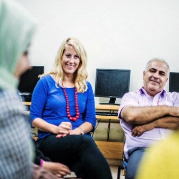 Urdal in charge for a photography workshop at An-najah university in Nablus. Next to her is Dr. Abed Sarhan. Photo : Mustafa Azizi